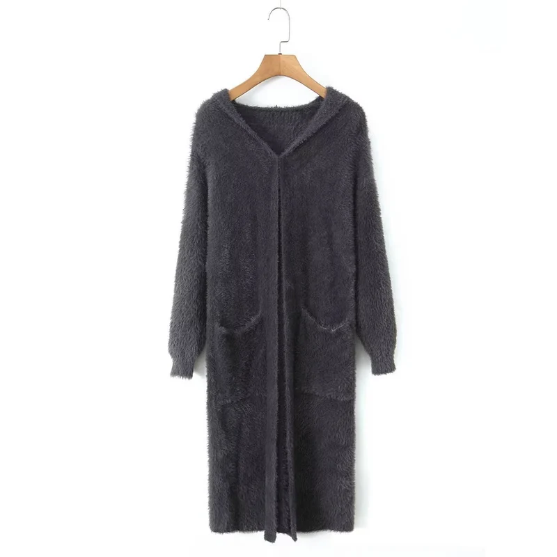 Damen Langer flauschiger Kapuzencardigan mit aufgesetzten Eingrifftaschen und offener Front Nord Taschen