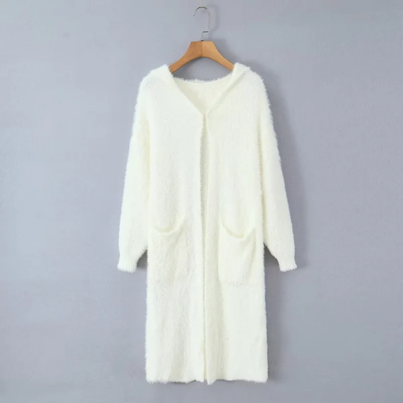 Damen Langer flauschiger Kapuzencardigan mit aufgesetzten Eingrifftaschen und offener Front Nord Taschen