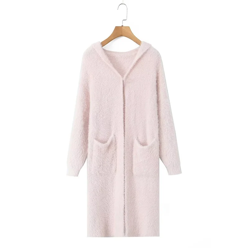 Damen Langer flauschiger Kapuzencardigan mit aufgesetzten Eingrifftaschen und offener Front Nord Taschen