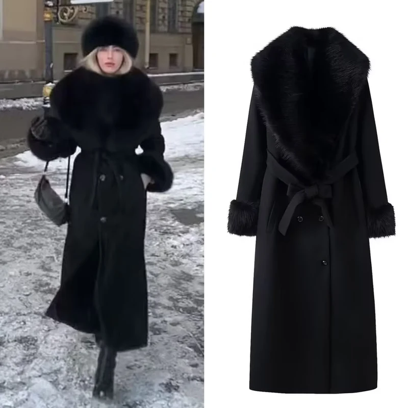 Damen Langer eleganter Wollmix-Mantel mit breitem Kunstfellkragen, Bindegürtel und Fellmanschetten Nord Taschen