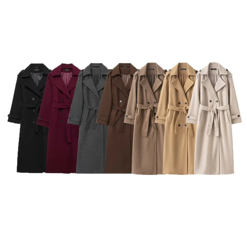 Damen Langer Doppelreiher-Trenchcoat mit Bindegürtel und Schulterriegeln Nord Taschen