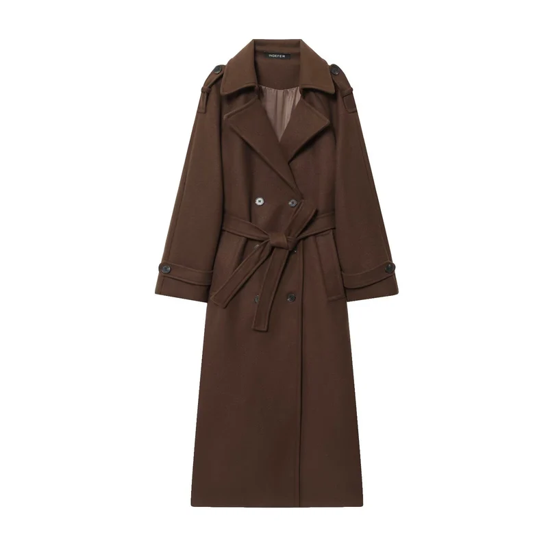 Damen Langer Doppelreiher-Trenchcoat mit Bindegürtel und Schulterriegeln Nord Taschen