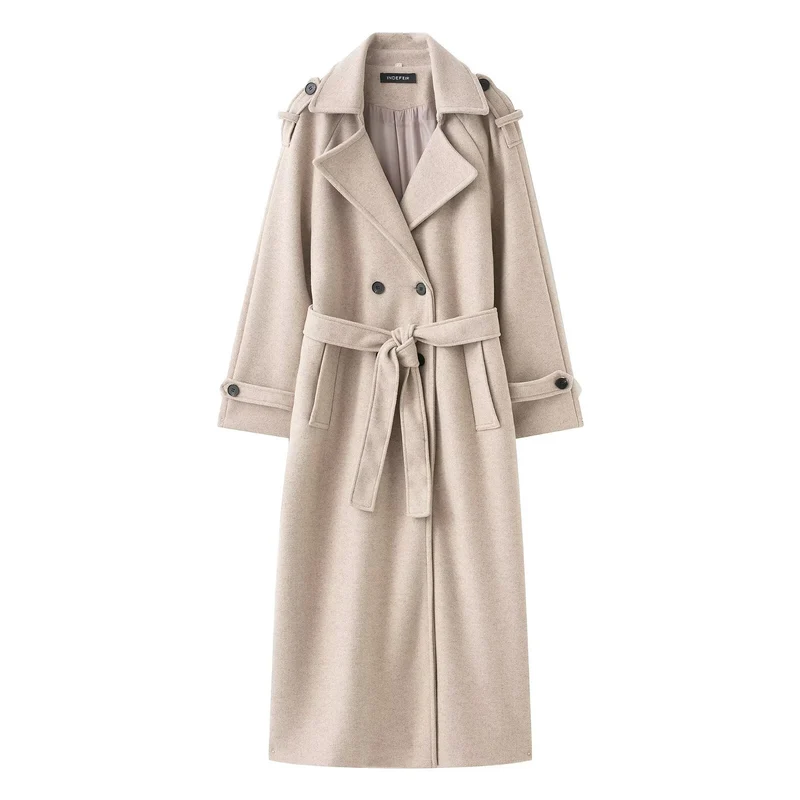 Damen Langer Doppelreiher-Trenchcoat mit Bindegürtel und Schulterriegeln Nord Taschen