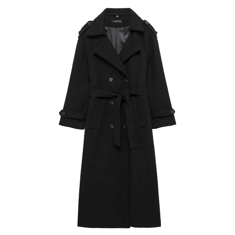 Damen Langer Doppelreiher-Trenchcoat mit Bindegürtel und Schulterriegeln Nord Taschen