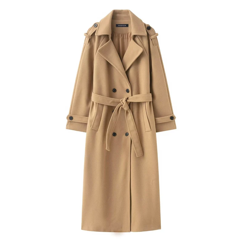 Damen Langer Doppelreiher-Trenchcoat mit Bindegürtel und Schulterriegeln Nord Taschen