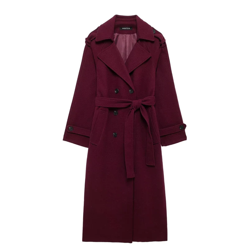 Damen Langer Doppelreiher-Trenchcoat mit Bindegürtel und Schulterriegeln Nord Taschen