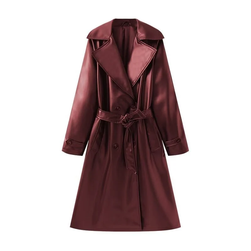 Damen Lange glänzende Trenchcoat-Übergangsjacke aus Lederoptik mit Taillengürtel Nord Taschen