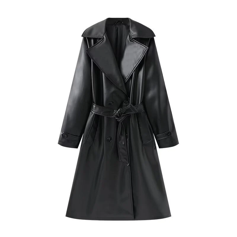 Damen Lange glänzende Trenchcoat-Übergangsjacke aus Lederoptik mit Taillengürtel Nord Taschen