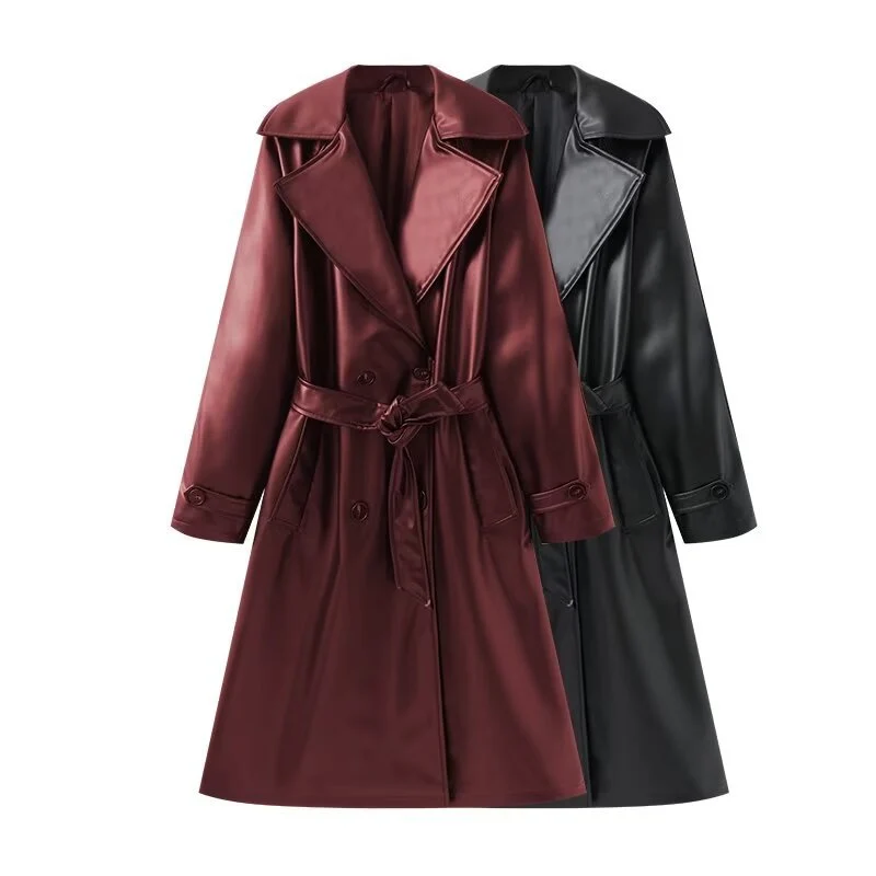 Damen Lange glänzende Trenchcoat-Übergangsjacke aus Lederoptik mit Taillengürtel Nord Taschen