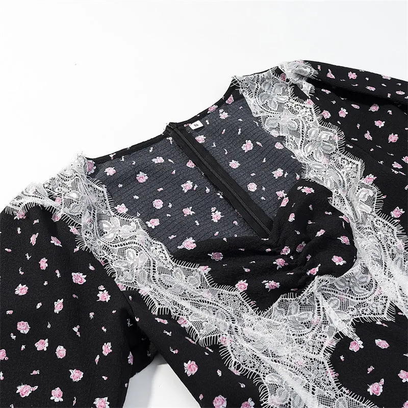 Damen Langärmeliges Maxikleid mit Spitzenborten, tiefem V‑Ausschnitt und floralem Alloverprint Nord Taschen