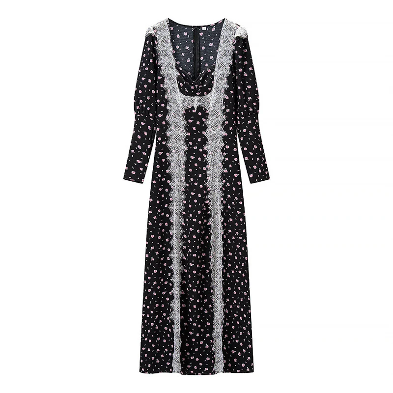 Damen Langärmeliges Maxikleid mit Spitzenborten, tiefem V‑Ausschnitt und floralem Alloverprint Nord Taschen