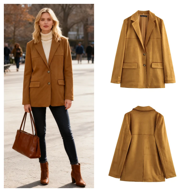 Damen Lang geschnittener Wildlederoptik-Blazer mit Reverskragen und Pattentaschen Nord Taschen