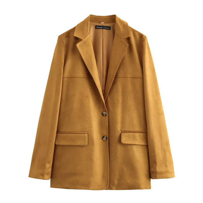 Damen Lang geschnittener Wildlederoptik-Blazer mit Reverskragen und Pattentaschen Nord Taschen