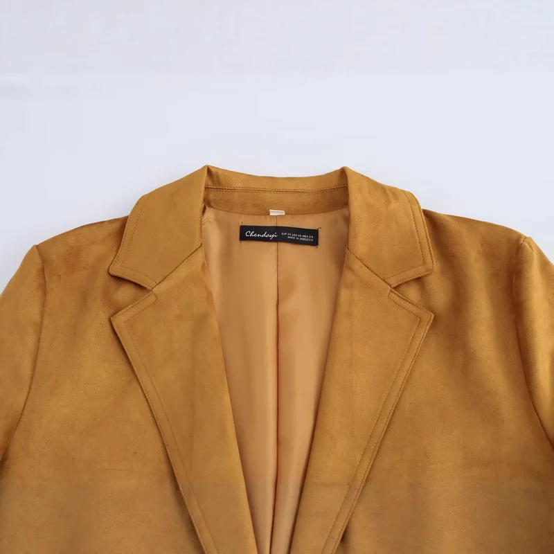 Damen Lang geschnittener Wildlederoptik-Blazer mit Reverskragen und Pattentaschen Nord Taschen
