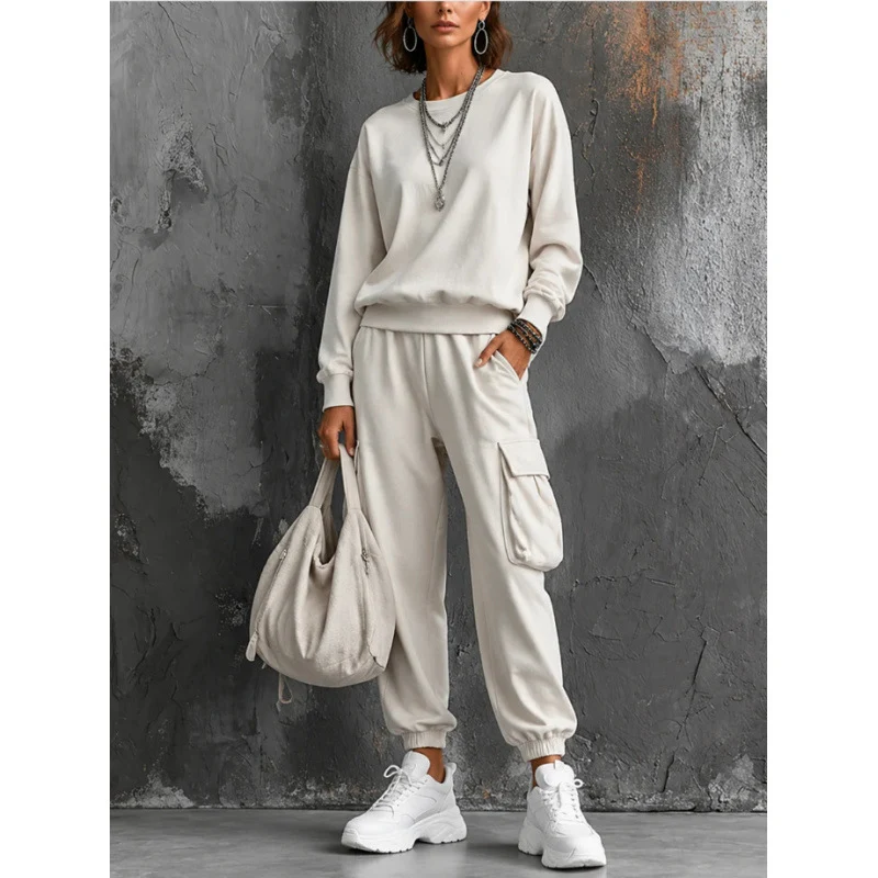 Damen Lässiges Cargo-Jogginganzug-Set mit Oversize-Sweatshirt und Cargohose Nord Taschen