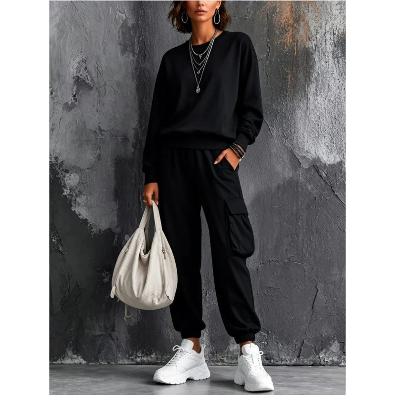 Damen Lässiges Cargo-Jogginganzug-Set mit Oversize-Sweatshirt und Cargohose Nord Taschen