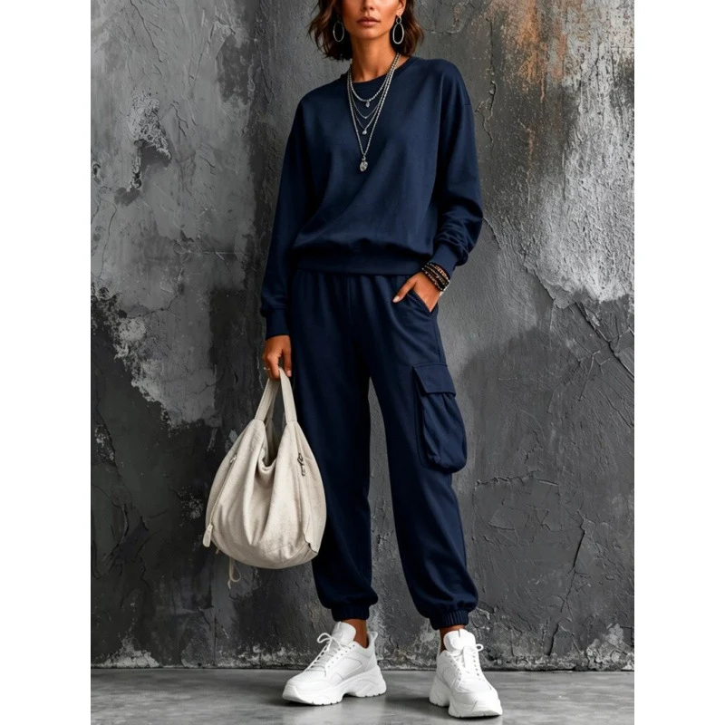 Damen Lässiges Cargo-Jogginganzug-Set mit Oversize-Sweatshirt und Cargohose Nord Taschen
