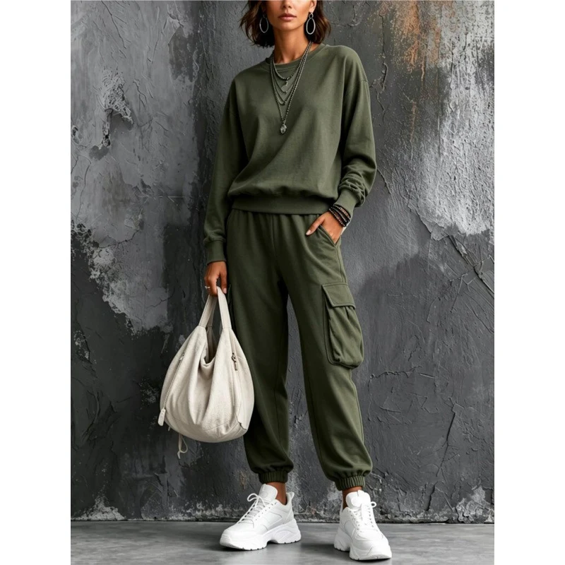 Damen Lässiges Cargo-Jogginganzug-Set mit Oversize-Sweatshirt und Cargohose Nord Taschen