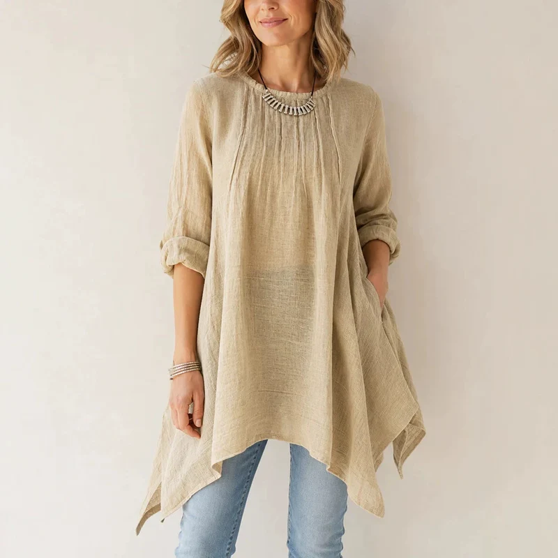 Damen Lässige Tunika-Bluse mit asymmetrischem Saum, feiner Waffelstruktur und Kellerfalten Nord Taschen
