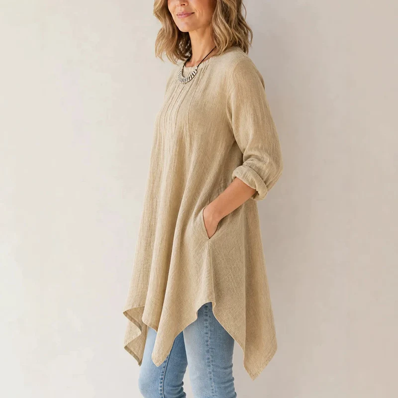 Damen Lässige Tunika-Bluse mit asymmetrischem Saum, feiner Waffelstruktur und Kellerfalten Nord Taschen
