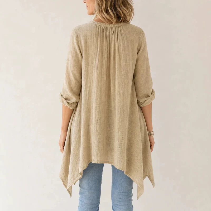 Damen Lässige Tunika-Bluse mit asymmetrischem Saum, feiner Waffelstruktur und Kellerfalten Nord Taschen