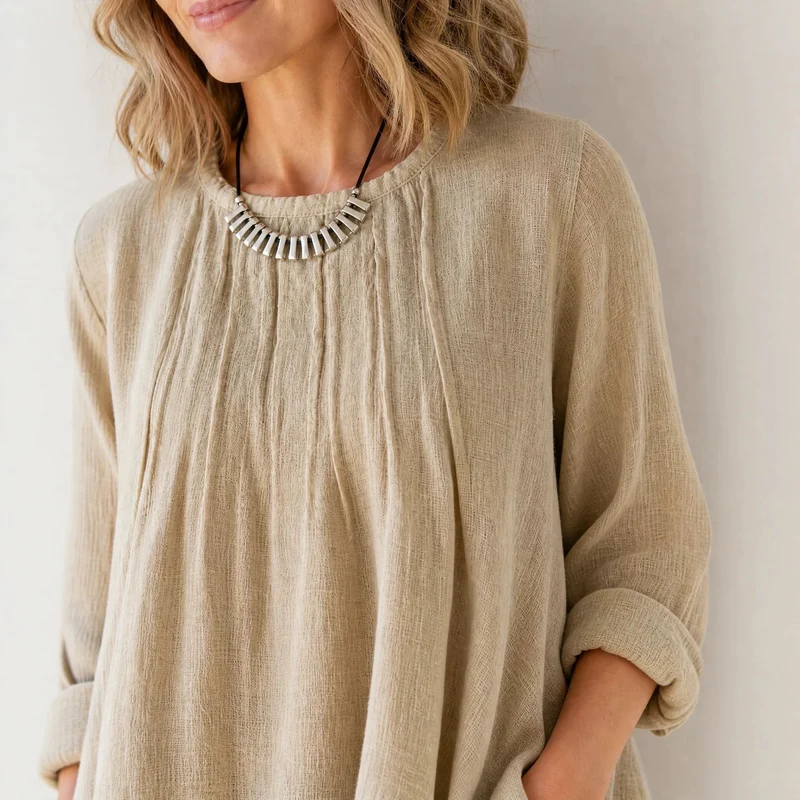 Damen Lässige Tunika-Bluse mit asymmetrischem Saum, feiner Waffelstruktur und Kellerfalten Nord Taschen