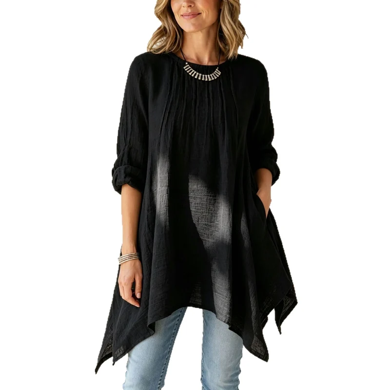 Damen Lässige Tunika-Bluse mit asymmetrischem Saum, feiner Waffelstruktur und Kellerfalten Nord Taschen