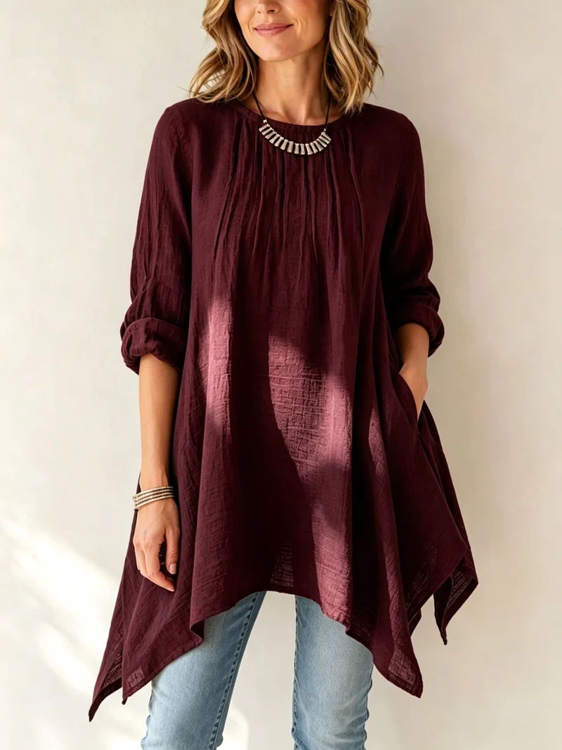 Damen Lässige Tunika-Bluse mit asymmetrischem Saum, feiner Waffelstruktur und Kellerfalten Nord Taschen
