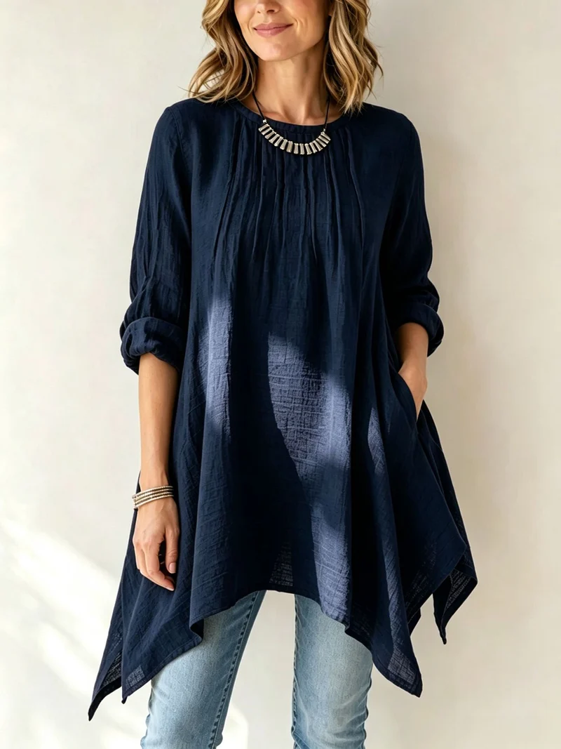 Damen Lässige Tunika-Bluse mit asymmetrischem Saum, feiner Waffelstruktur und Kellerfalten Nord Taschen