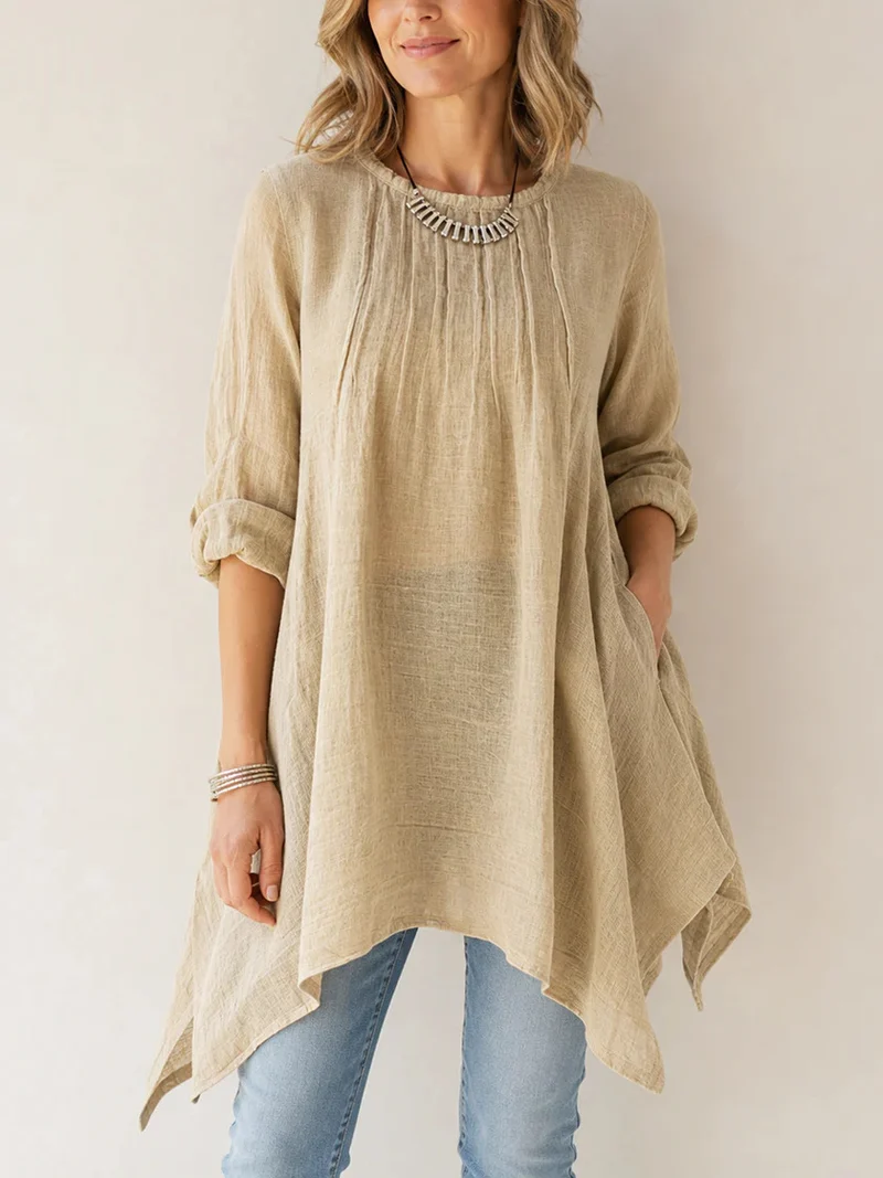 Damen Lässige Tunika-Bluse mit asymmetrischem Saum, feiner Waffelstruktur und Kellerfalten Nord Taschen