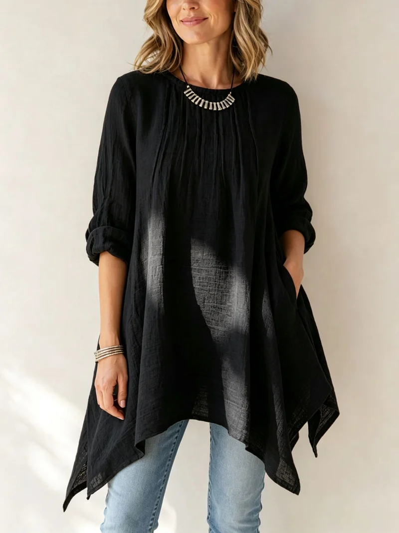 Damen Lässige Tunika-Bluse mit asymmetrischem Saum, feiner Waffelstruktur und Kellerfalten Nord Taschen