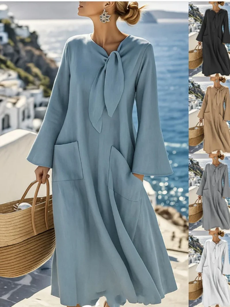 Damen Langes A-Linien-Kleid mit Schleifenkragen und aufgesetzten Taschen Nord Taschen