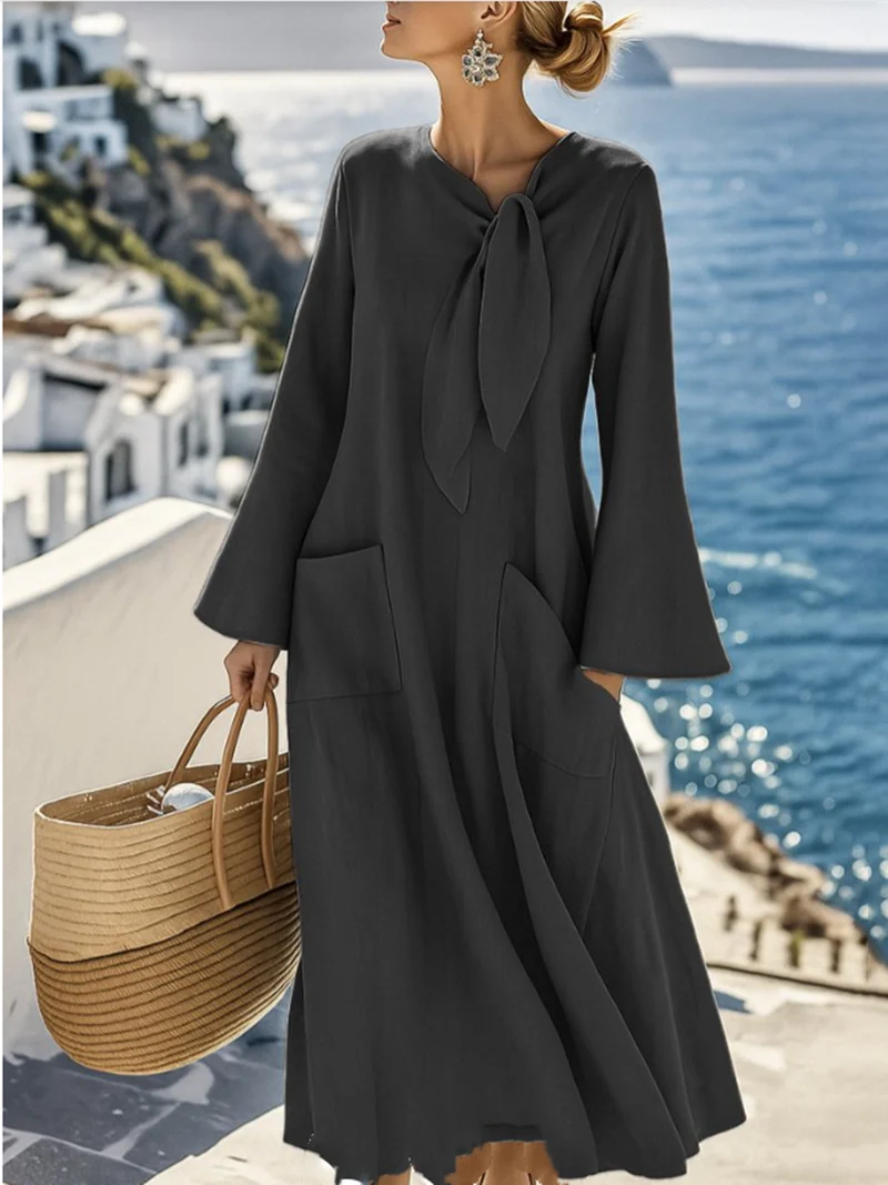 Damen Langes A-Linien-Kleid mit Schleifenkragen und aufgesetzten Taschen Nord Taschen