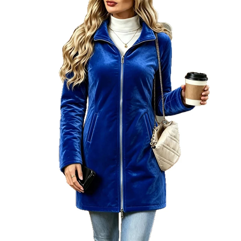 Damen Langer Veloursjacke mit Zwei-Wege-Reißverschluss und Stehkragen Nord Taschen