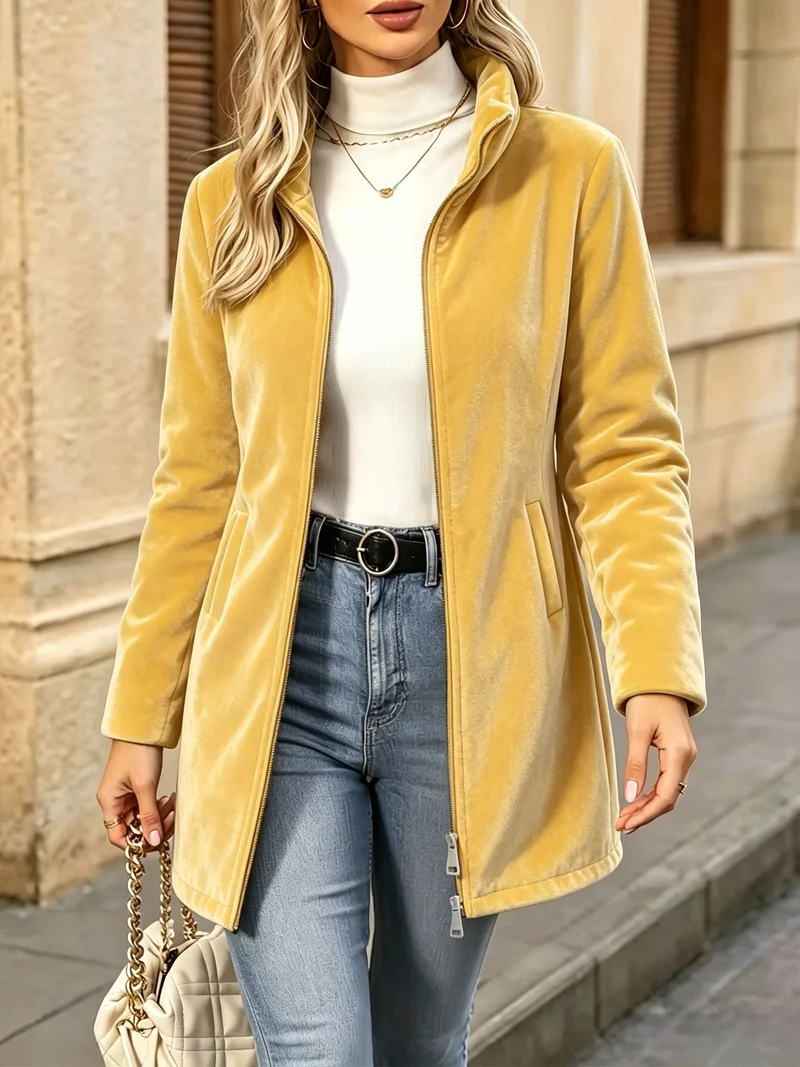 Damen Langer Veloursjacke mit Zwei-Wege-Reißverschluss und Stehkragen Nord Taschen