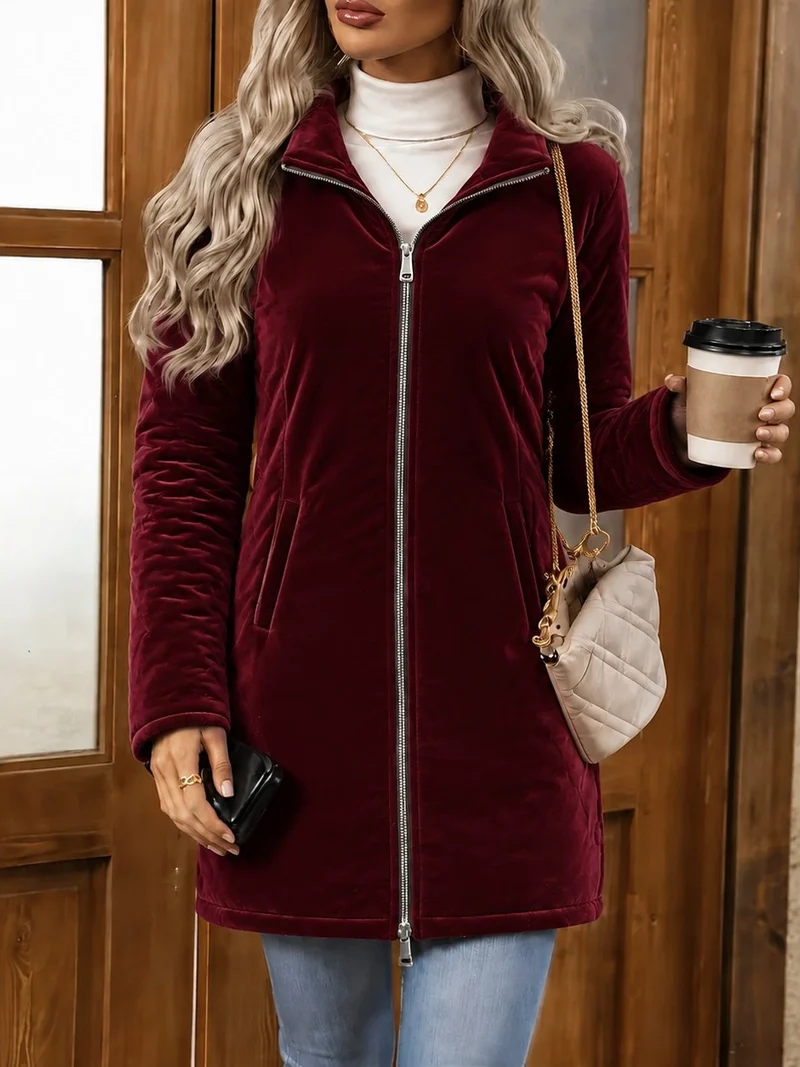 Damen Langer Veloursjacke mit Zwei-Wege-Reißverschluss und Stehkragen Nord Taschen