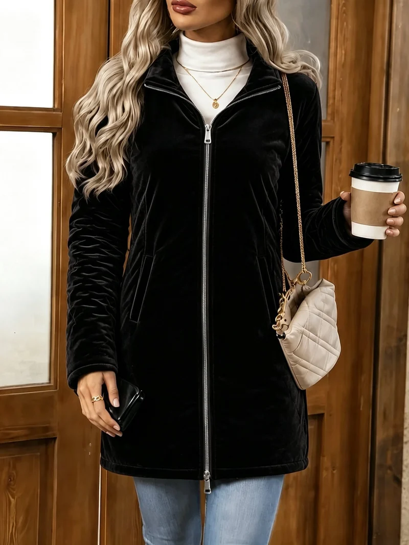 Damen Langer Veloursjacke mit Zwei-Wege-Reißverschluss und Stehkragen Nord Taschen