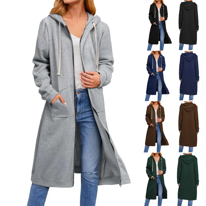 Damen Langer Kapuzen-Sweatmantel mit Zwei-Wege-Reißverschluss und Kängurutaschen Nord Taschen