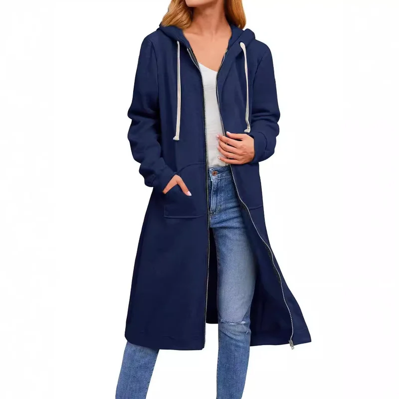 Damen Langer Kapuzen-Sweatmantel mit Zwei-Wege-Reißverschluss und Kängurutaschen Nord Taschen