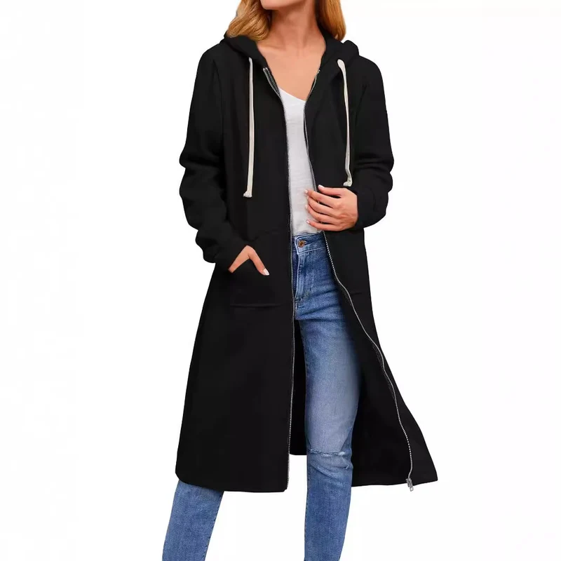 Damen Langer Kapuzen-Sweatmantel mit Zwei-Wege-Reißverschluss und Kängurutaschen Nord Taschen