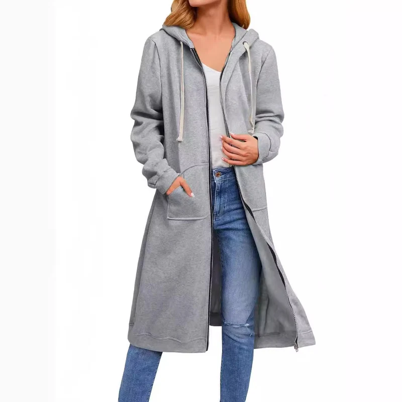 Damen Langer Kapuzen-Sweatmantel mit Zwei-Wege-Reißverschluss und Kängurutaschen Nord Taschen