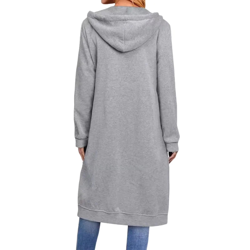 Damen Langer Kapuzen-Sweatmantel mit Zwei-Wege-Reißverschluss und Kängurutaschen Nord Taschen