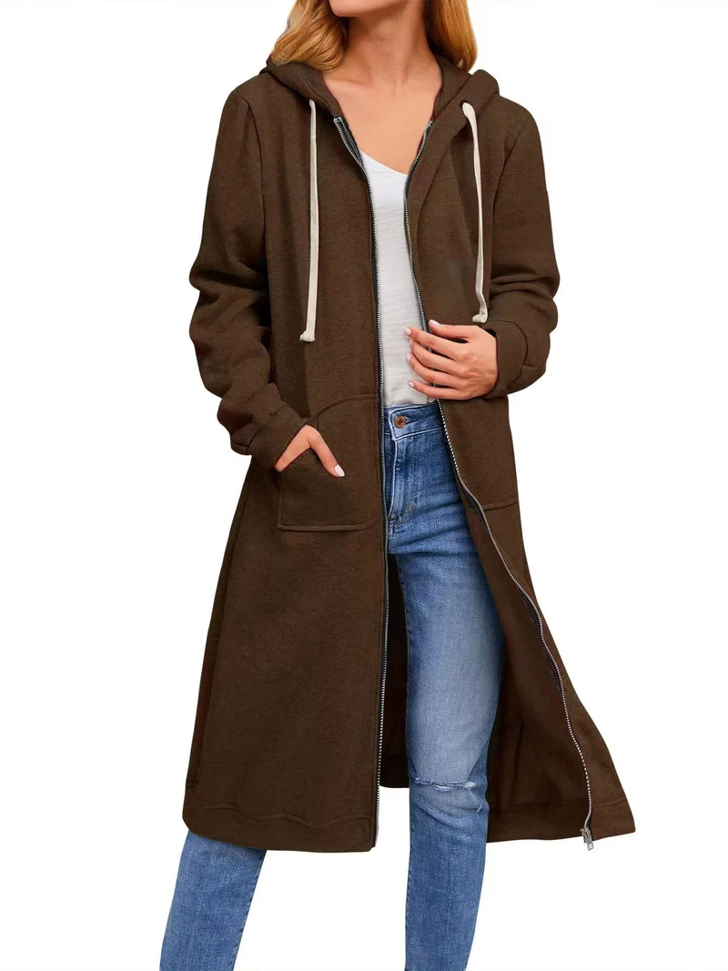 Damen Langer Kapuzen-Sweatmantel mit Zwei-Wege-Reißverschluss und Kängurutaschen Nord Taschen