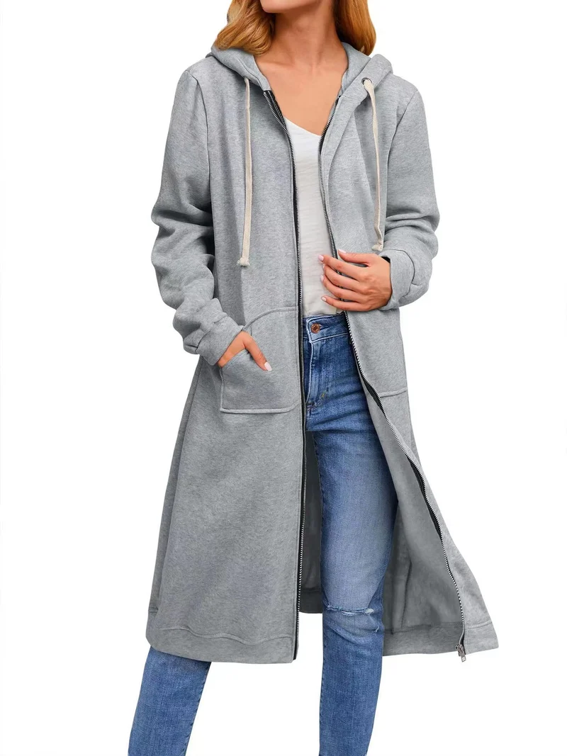Damen Langer Kapuzen-Sweatmantel mit Zwei-Wege-Reißverschluss und Kängurutaschen Nord Taschen