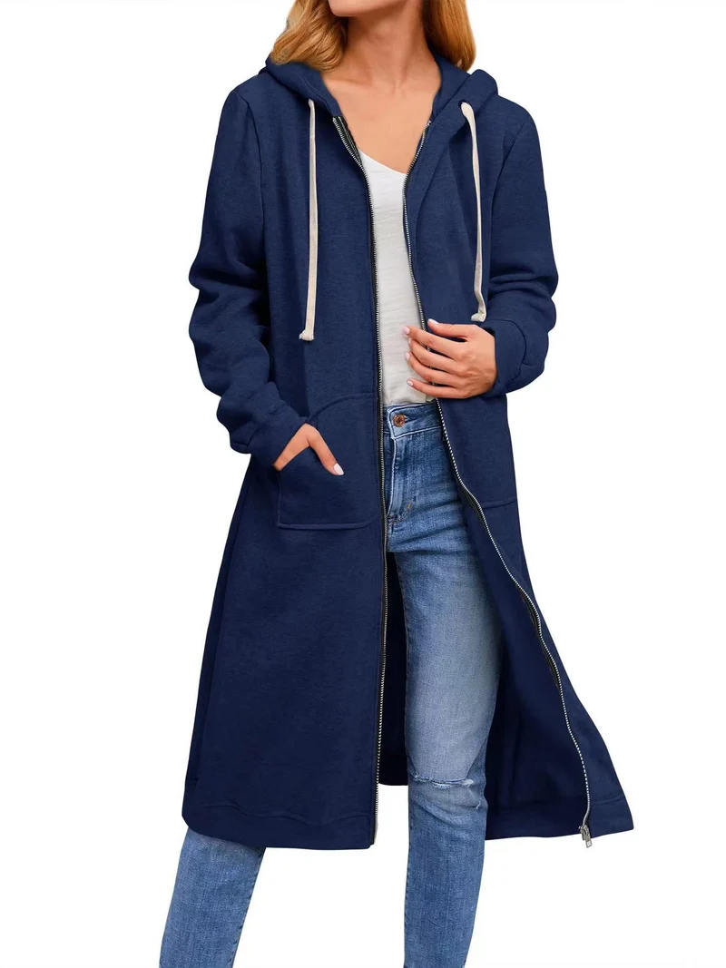 Damen Langer Kapuzen-Sweatmantel mit Zwei-Wege-Reißverschluss und Kängurutaschen Nord Taschen