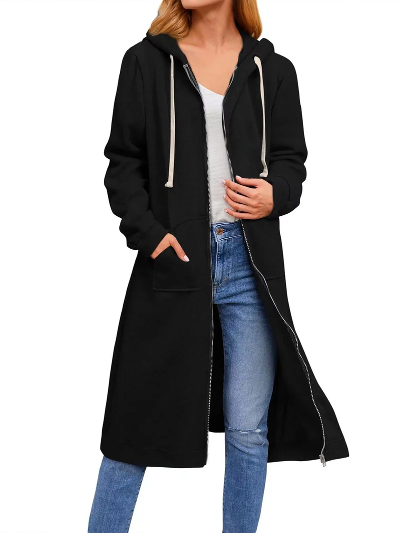 Damen Langer Kapuzen-Sweatmantel mit Zwei-Wege-Reißverschluss und Kängurutaschen Nord Taschen