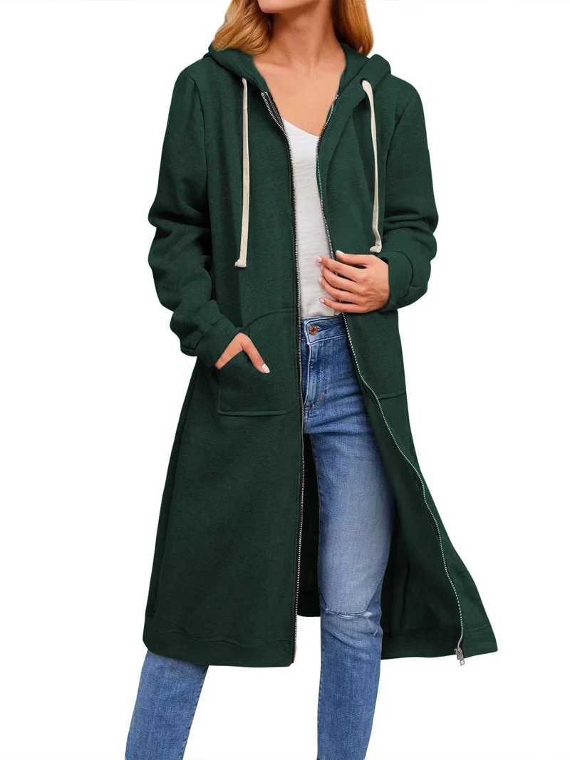 Damen Langer Kapuzen-Sweatmantel mit Zwei-Wege-Reißverschluss und Kängurutaschen Nord Taschen