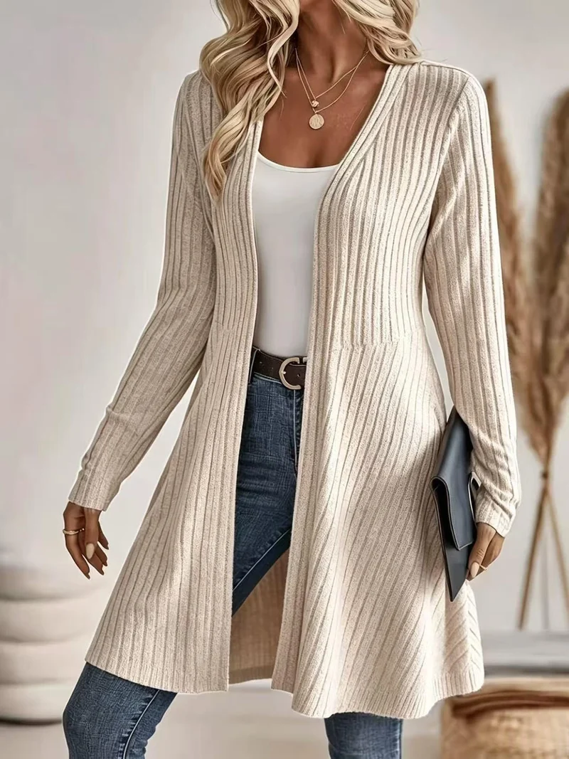 Damen Langer Gerippter Cardigan mit offenem Front-Design und leichtem Fall Nord Taschen
