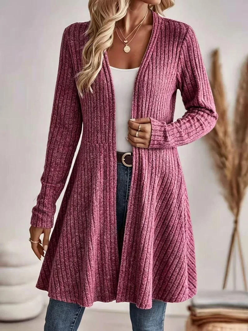 Damen Langer Gerippter Cardigan mit offenem Front-Design und leichtem Fall Nord Taschen