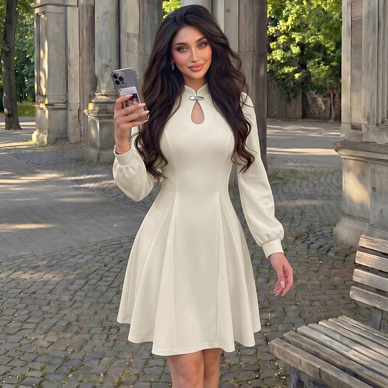Damen Elegantes tailliertes Skaterkleid mit Stehkragen, Schlüsselloch-Detail & langen Ballonärmeln Nord Taschen